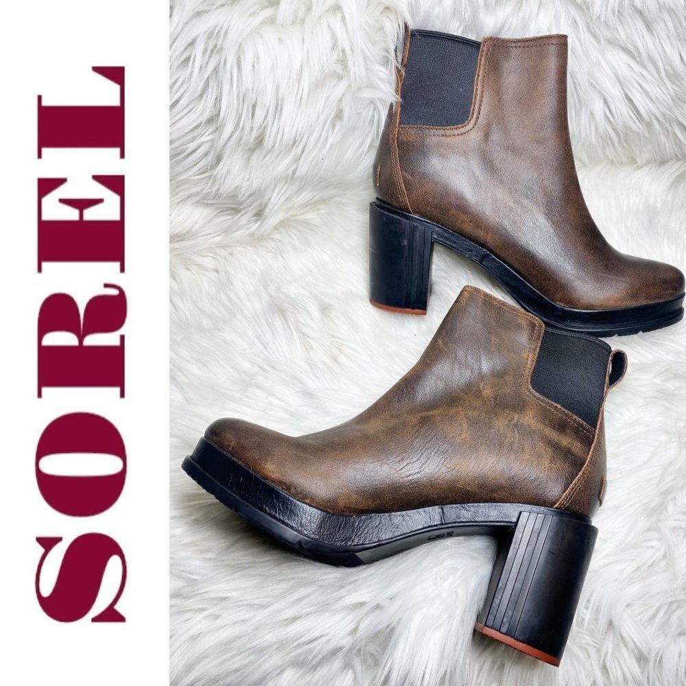Sorel Brown Leather Chelsea Ankle Boots With Black Heel